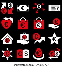 Euro banking business and service tools icons. These flat bicolor icons use red and white colors. Images are isolated on a black background. Angles are rounded.