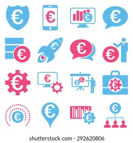 Euro banking business and service tools icons. These flat bicolor icons use pink and blue. Images are isolated on a white background. Angles are rounded.