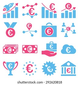 Euro banking business and service tools icons. These flat bicolor icons use pink and blue. Images are isolated on a white background. Angles are rounded.