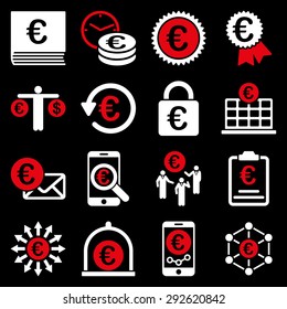 Euro banking business and service tools icons. These flat bicolor icons use red and white colors. Images are isolated on a black background. Angles are rounded.