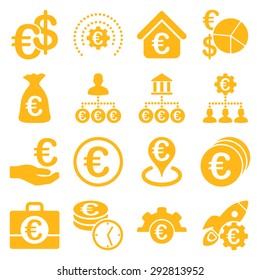 Euro banking business and service tools icons. These flat icons use yellow color. Images are isolated on a white background. Angles are rounded.