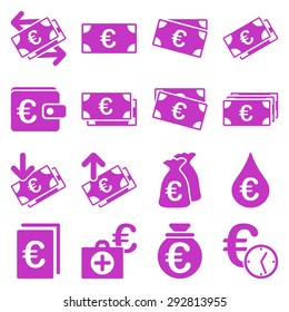 Euro banking business and service tools icons. These flat icons use violet color. Images are isolated on a white background. Angles are rounded.