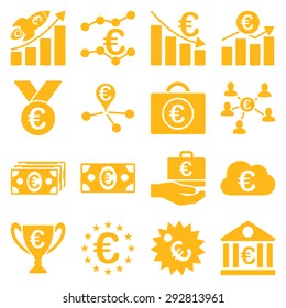 Euro banking business and service tools icons. These flat icons use yellow color. Images are isolated on a white background. Angles are rounded.