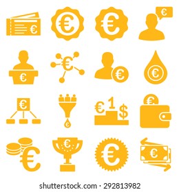 Euro banking business and service tools icons. These flat icons use yellow color. Images are isolated on a white background. Angles are rounded.
