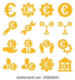 Euro banking business and service tools icons. These flat icons use yellow color. Images are isolated on a white background. Angles are rounded.