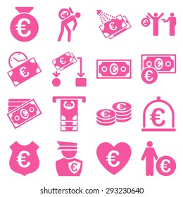 Euro banking business and service tools icons. These flat icons use pink color. Images are isolated on a white background. Angles are rounded.
