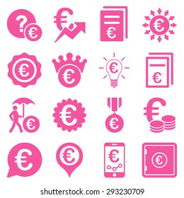 Euro banking business and service tools icons. These flat icons use pink color. Images are isolated on a white background. Angles are rounded.