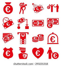 Euro banking business and service tools icons. These flat icons use red color. Images are isolated on a white background. Angles are rounded.