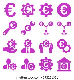 Euro banking business and service tools icons. These flat icons use violet color. Images are isolated on a white background. Angles are rounded.