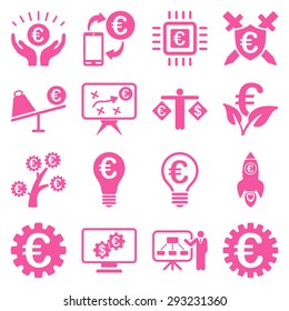 Euro banking business and service tools icons. These flat icons use pink color. Images are isolated on a white background. Angles are rounded.