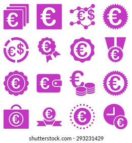 Euro banking business and service tools icons. These flat icons use violet color. Images are isolated on a white background. Angles are rounded.