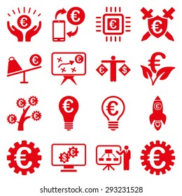 Euro banking business and service tools icons. These flat icons use red color. Images are isolated on a white background. Angles are rounded.