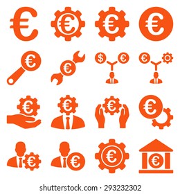 Euro banking business and service tools icons. These flat icons use orange color. Images are isolated on a white background. Angles are rounded.