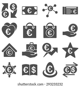 Euro banking business and service tools icons. These flat icons use gray color. Images are isolated on a white background. Angles are rounded.