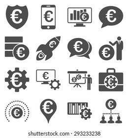 Euro banking business and service tools icons. These flat icons use gray color. Images are isolated on a white background. Angles are rounded.