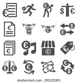 Euro banking business and service tools icons. These flat icons use gray color. Images are isolated on a white background. Angles are rounded.