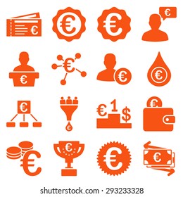 Euro banking business and service tools icons. These flat icons use orange color. Images are isolated on a white background. Angles are rounded.