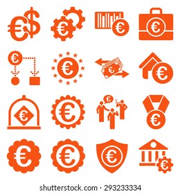Euro banking business and service tools icons. These flat icons use orange color. Images are isolated on a white background. Angles are rounded.