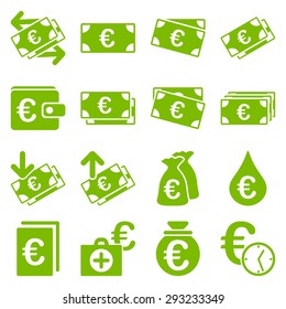 Euro banking business and service tools icons. These flat icons use eco green color. Images are isolated on a white background. Angles are rounded.