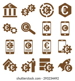 Euro banking business and service tools icons. These flat icons use brown color. Images are isolated on a white background. Angles are rounded.