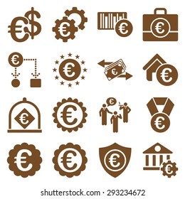 Euro banking business and service tools icons. These flat icons use brown color. Images are isolated on a white background. Angles are rounded.