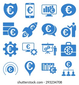 Euro banking business and service tools icons. These flat icons use cobalt color. Images are isolated on a white background. Angles are rounded.