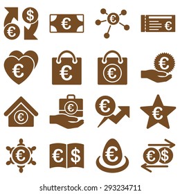 Euro banking business and service tools icons. These flat icons use brown color. Images are isolated on a white background. Angles are rounded.