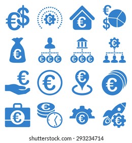 Euro banking business and service tools icons. These flat icons use cobalt color. Images are isolated on a white background. Angles are rounded.