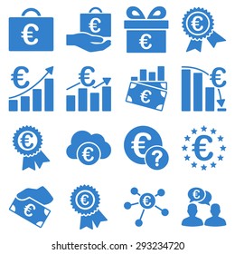 Euro banking business and service tools icons. These flat icons use cobalt color. Images are isolated on a white background. Angles are rounded.