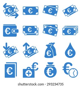 Euro banking business and service tools icons. These flat icons use cobalt color. Images are isolated on a white background. Angles are rounded.