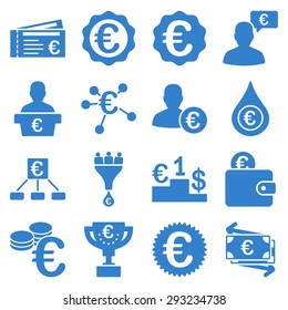 Euro banking business and service tools icons. These flat icons use cobalt color. Images are isolated on a white background. Angles are rounded.