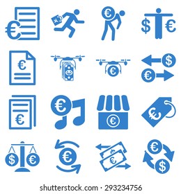 Euro banking business and service tools icons. These flat icons use cobalt color. Images are isolated on a white background. Angles are rounded.