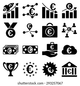 Euro banking business and service tools icons. These flat icons use black color. Images are isolated on a white background. Angles are rounded.