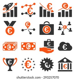 Euro banking business and service tools icons. These flat bicolor icons use orange and gray colors. Images are isolated on a white background. Angles are rounded.