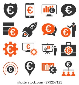 Euro banking business and service tools icons. These flat bicolor icons use orange and gray colors. Images are isolated on a white background. Angles are rounded.