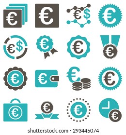Euro banking business and service tools icons. These flat bicolor icons use grey and cyan colors. Images are isolated on a white background. Angles are rounded.