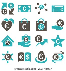Euro banking business and service tools icons. These flat bicolor icons use grey and cyan colors. Images are isolated on a white background. Angles are rounded.