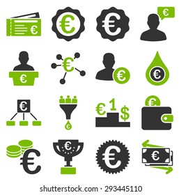 Euro banking business and service tools icons. These flat bicolor icons use eco green and gray colors. Images are isolated on a white background. Angles are rounded.