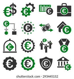 Euro banking business and service tools icons. These flat bicolor icons use green and gray colors. Images are isolated on a white background. Angles are rounded.