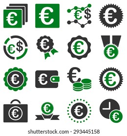 Euro banking business and service tools icons. These flat bicolor icons use green and gray colors. Images are isolated on a white background. Angles are rounded.