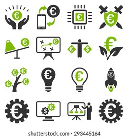 Euro banking business and service tools icons. These flat bicolor icons use eco green and gray colors. Images are isolated on a white background. Angles are rounded.
