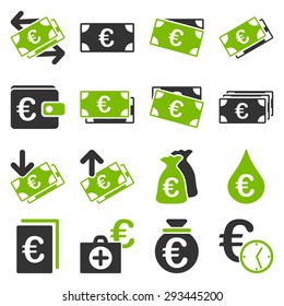 Euro banking business and service tools icons. These flat bicolor icons use eco green and gray colors. Images are isolated on a white background. Angles are rounded.