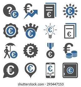 Euro banking business and service tools icons. These flat bicolor icons use cobalt and gray colors. Images are isolated on a white background. Angles are rounded.