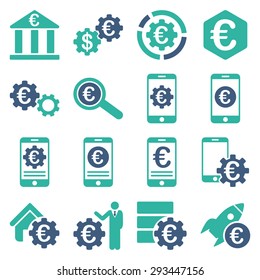 Euro banking business and service tools icons. These flat bicolor icons use cobalt and cyan colors. Images are isolated on a white background. Angles are rounded.