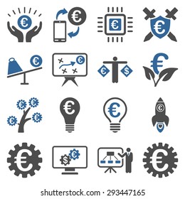 Euro banking business and service tools icons. These flat bicolor icons use cobalt and gray colors. Images are isolated on a white background. Angles are rounded.