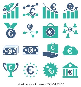 Euro banking business and service tools icons. These flat bicolor icons use cobalt and cyan colors. Images are isolated on a white background. Angles are rounded.