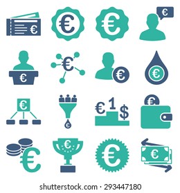 Euro banking business and service tools icons. These flat bicolor icons use cobalt and cyan colors. Images are isolated on a white background. Angles are rounded.