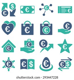 Euro banking business and service tools icons. These flat bicolor icons use cobalt and cyan colors. Images are isolated on a white background. Angles are rounded.