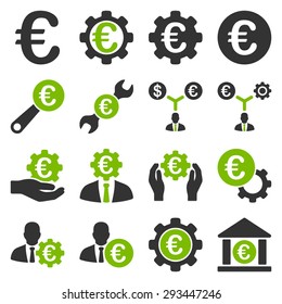 Euro banking business and service tools icons. These flat bicolor icons use eco green and gray colors. Images are isolated on a white background. Angles are rounded.