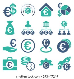 Euro banking business and service tools icons. These flat bicolor icons use cobalt and cyan colors. Images are isolated on a white background. Angles are rounded.